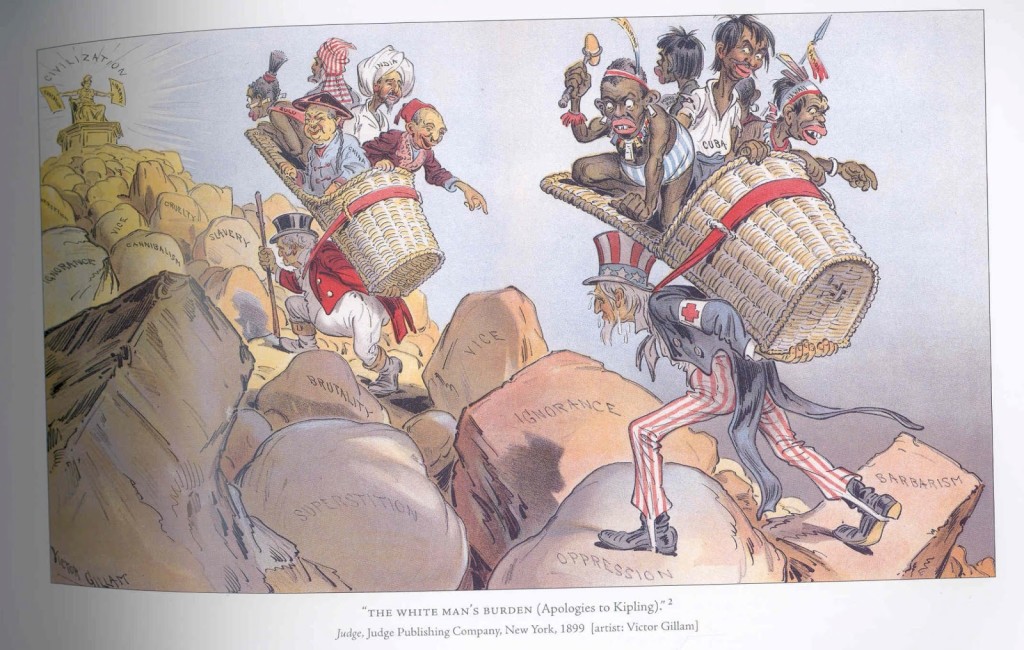 Charge satiriza o poema de Kipling mostrando um americano e um britânico carregando seus respectivos fardos.