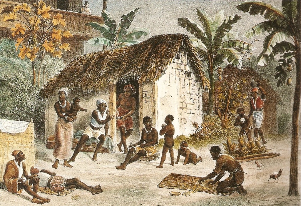 Moradia de uma família de escravos, feita de pau-a-pique. Brasil Colonial