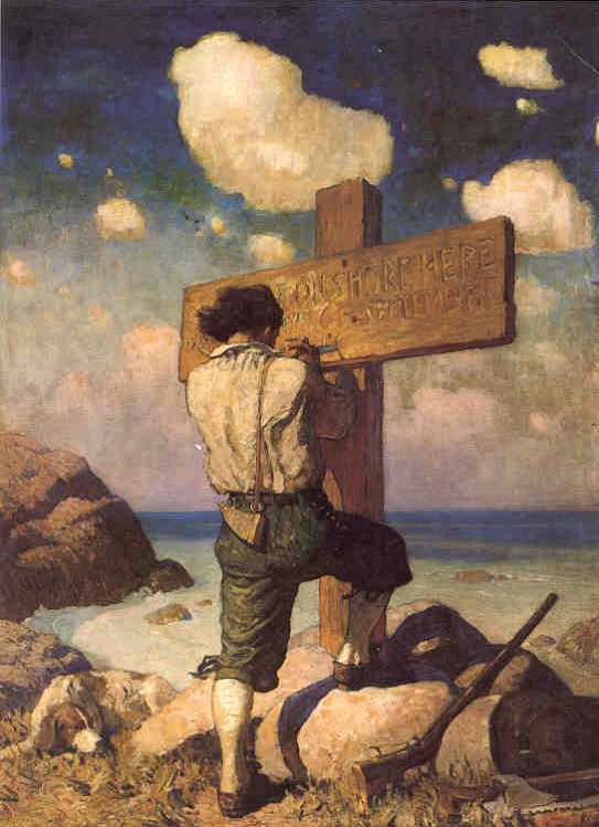Robinson Crusoé ergue uma cruz e nela marca os dias. Ilustração de N. C. Wyeth