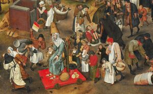 “Combate entre o carnaval e a Quaresma” (detalhe), 1559, Pieter Brueghel, o velho.